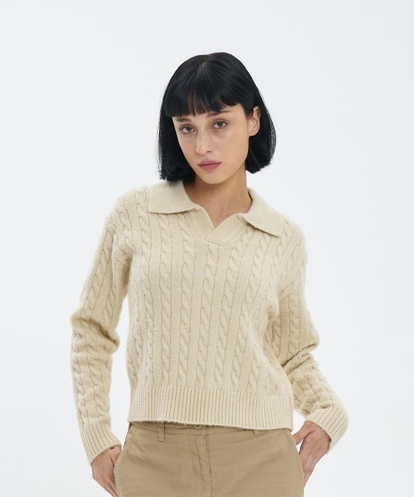 BLOND9 Cable Open Collar Knit_Beige