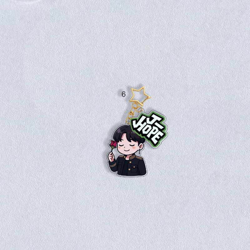 BTS Uniform Cartoon Keychain with Colorful Name Tag & Star Charm, Bangtan Boys Cartoon Figure Keyring, Kpop Idol Bag Pendant for ARMY Fans