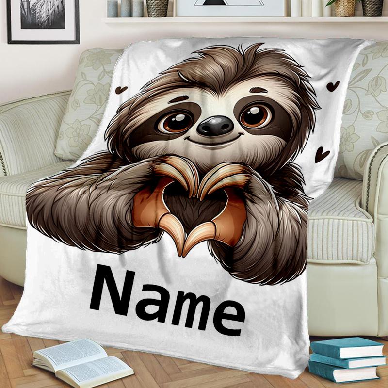 Personalized Sloth Blanket Heart Shape Hands Cute Animal Design Custom Name Soft Fleece Throw Gift For Her Decor