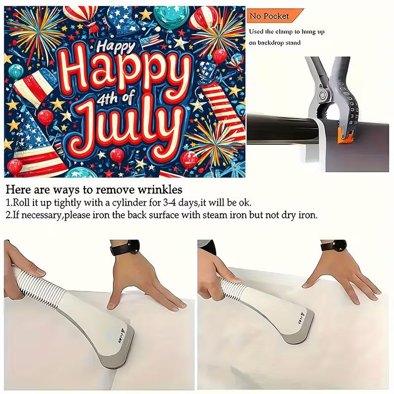 Festive Independence Day Tapestry, Bold "Happy 4th of July" Text with Fireworks, Balloons and Stars, Vibrant Patriotic Wall Art
