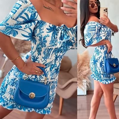 Summer 2024 European and American New off-Shoulder Printing Leisure Vacation Mini Printing Dress