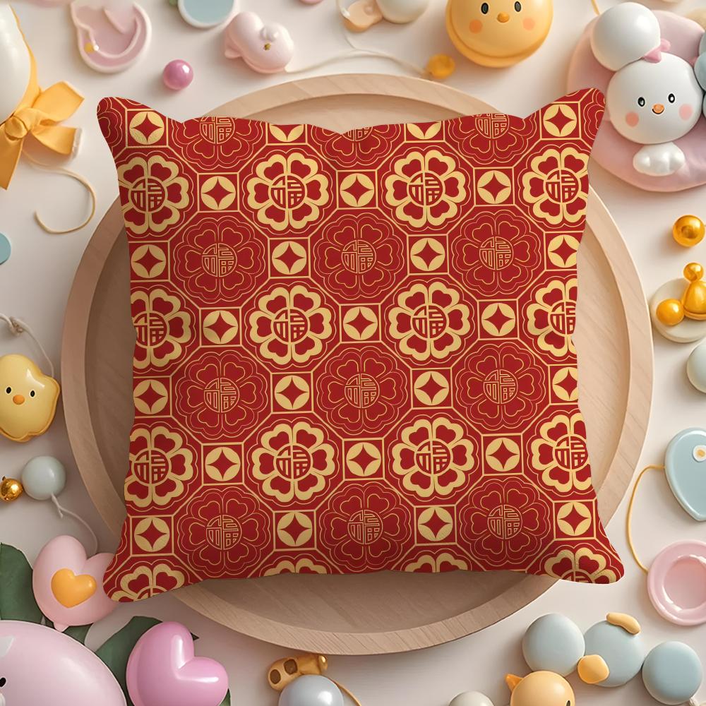 Chinese Style Red Retro Cushion Cover Short Plush Double-Sided Printing Home Machine Washable In Warm Winter Cushion Cover