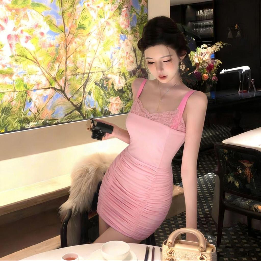 TZ6828 Pink Lace Patchwork Camisole Dress: Women's Slim-Fitting, Alluring, Hip-Hugging Short Skirt