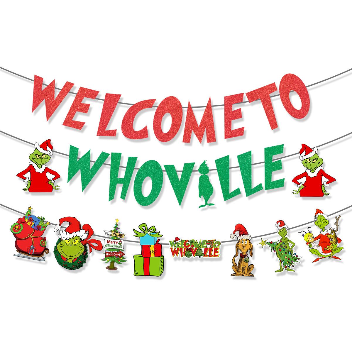 

Christmas Grinch Theme Party Decoration Letter La Flag Welcome To Whoville Banner Grinchilla Flag Latte Two-piece Set