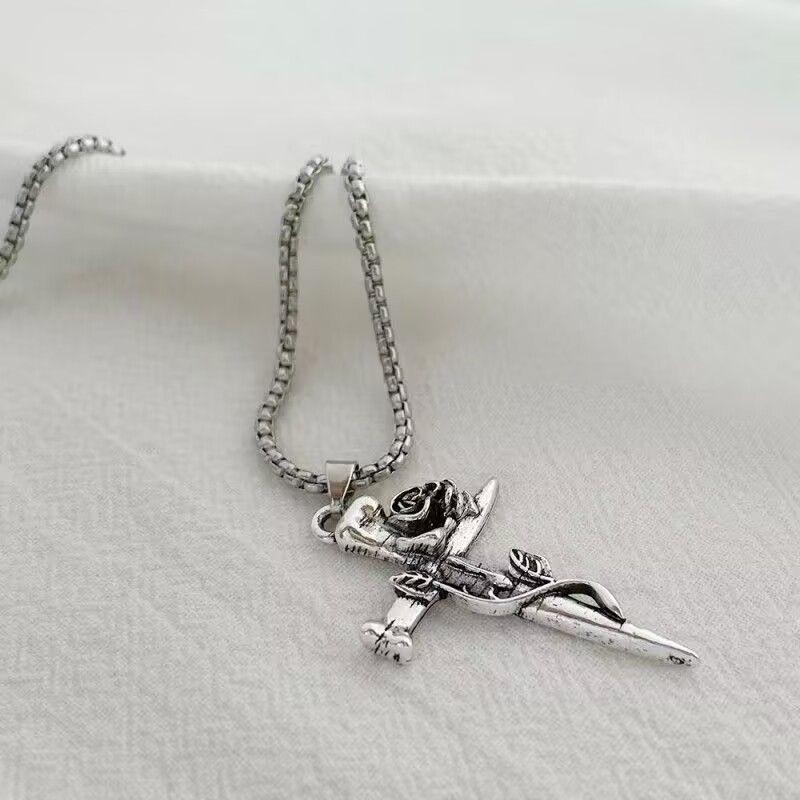 Rose Cross Pendant Necklace for Couples, Vintage Chinese Style Jewelry