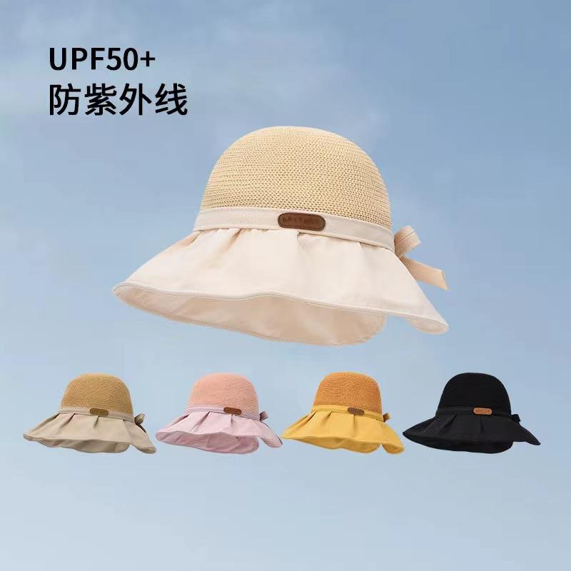 New summer versatile outdoor visor big brim bucket hat portable sunscreen sun hat bow women's hat