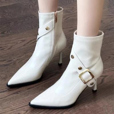 Mode Dames Enkellaarzen Puntige Neus Gesp Sexy Rits aan de Zijkant Dames Schoenen Hoge Hakken Lakleer Vrije Tijd Mode Veelzijdige Dames Laarzen