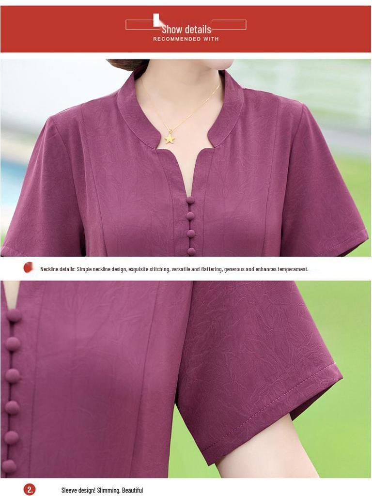 Summer 2025 Noble Lady Plus Size Dress - Short-Sleeved, Elegant Design for Middle-Aged & Elderly Women