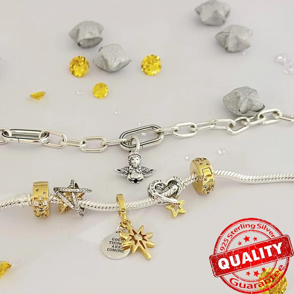 925 Silver Lucky Star & HeartDice Sparkling Bow Dangle Charm Fit Original Bracelet DIY Birthday Jewelry Gift