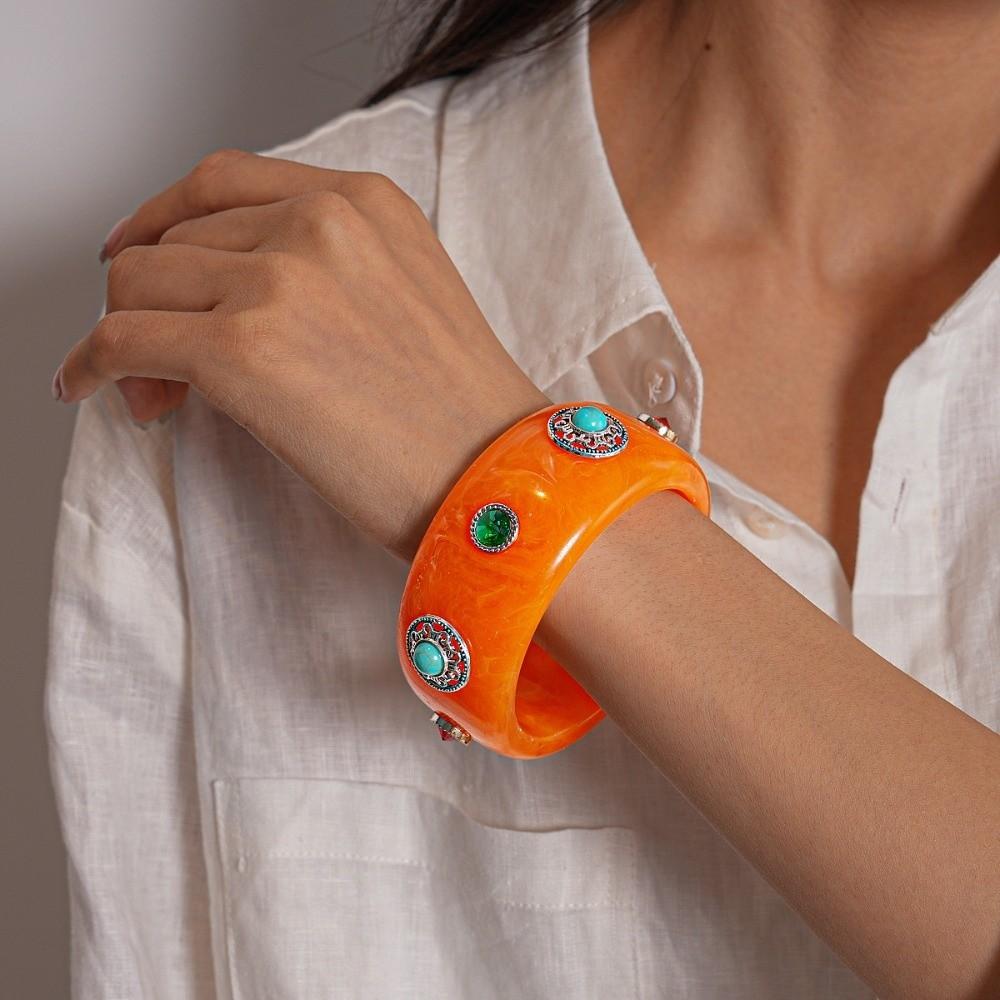 Turquoise Acrylic Rhinestone Bangle Wide Retro Hand Ring Turquoise Acrylic Bracelet Friend Gift