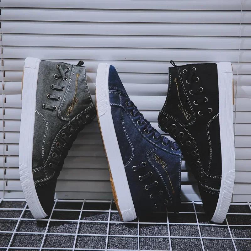 Canvas Shoes Men's 2024 New Spring and Autumn Fashion High Top Casual Sports Shoes Breathable and Versatile Denim Board Shoes