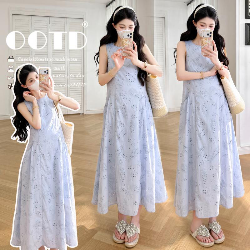 

2023 Summer Hollowed Mid-Length Maternity Dress: High-End, Loose, Slimming Design XL