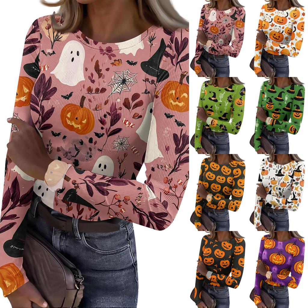 Women's Casual Long Sleeve Ribbed Halloween Print Top Crew Neck Stretchy Slim Fit Lightweight Shirt