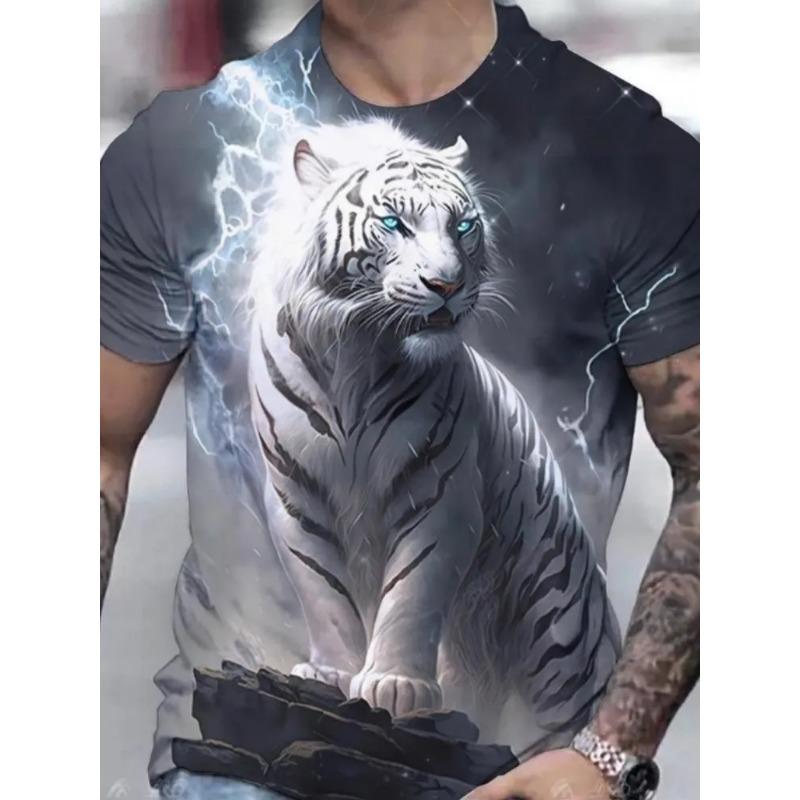 Summer Round Neck 3D Tiger Print Top Fashionable Casual Short Sleeved Men's T-shirts