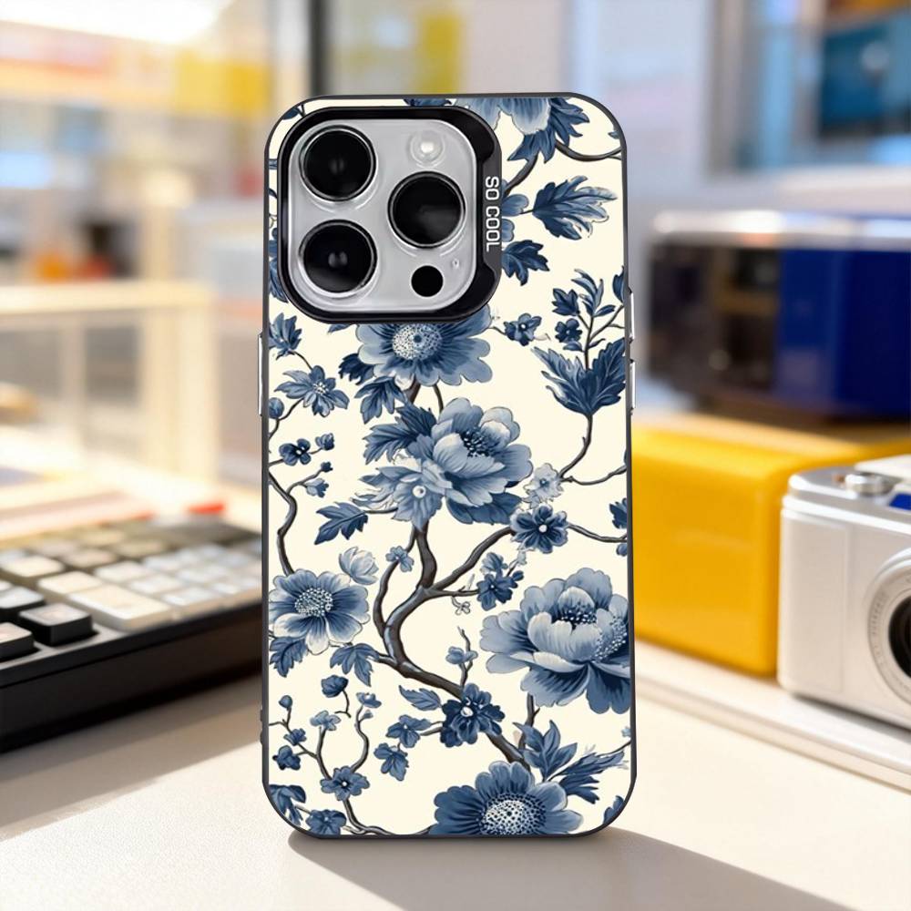 Blue White Porcelain Art Phone Case For iPhone 11,12,13,14,15,16,17,Pro,Max,Plus,E,Air,Mini IMD Matte Black