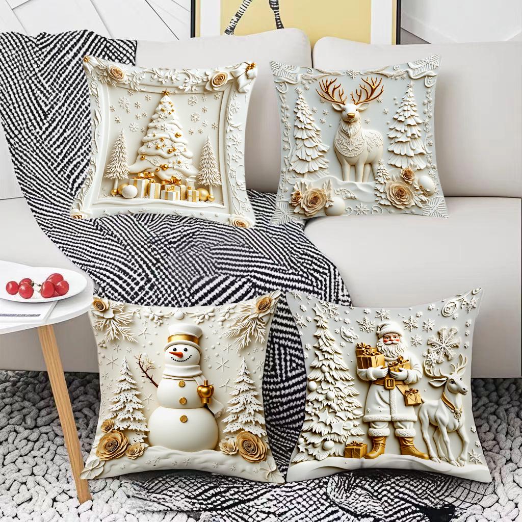 Goldener weihnachtlicher Kurzplüsch-Kissenbezug mit Schneemann-, Rentier- und Baum-Design - Festliche Heimdeko-Kissenhülle