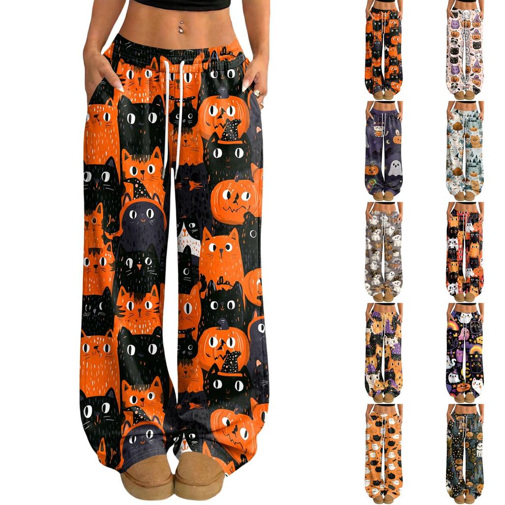 Women's Casual Halloween Print Loose Wide Leg Pants with Elastic Waist and Drawstring