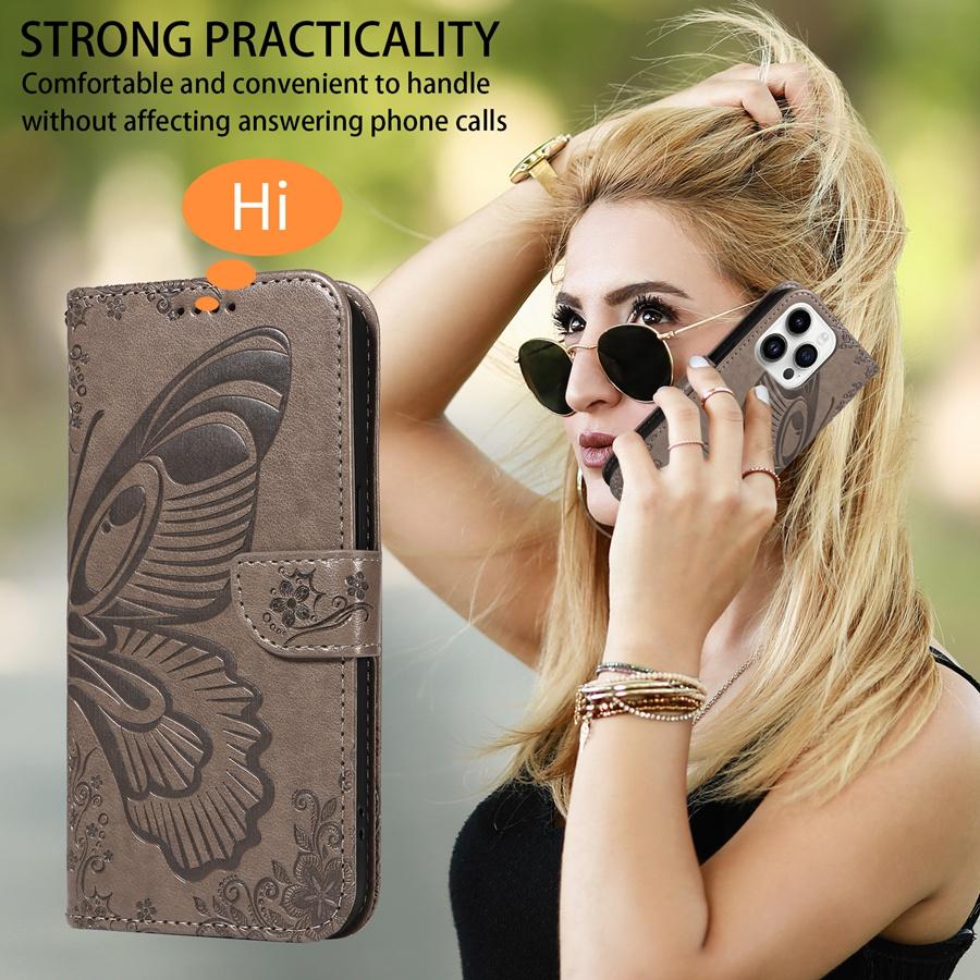 Embossed Butterfly Leather Phone Case for Google Pixel 9 9 Pro XL 9A Pixel 8 8 Pro 8A Pixel 7 7 Pro 7A Card Slots Wallet Case with Wristband