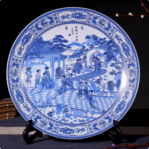 New Chinese-style Lucky Ceramic Plate Chinese Blue and White Porcelain 26cm Porcelain Plate Bracket Set Wedding Gift