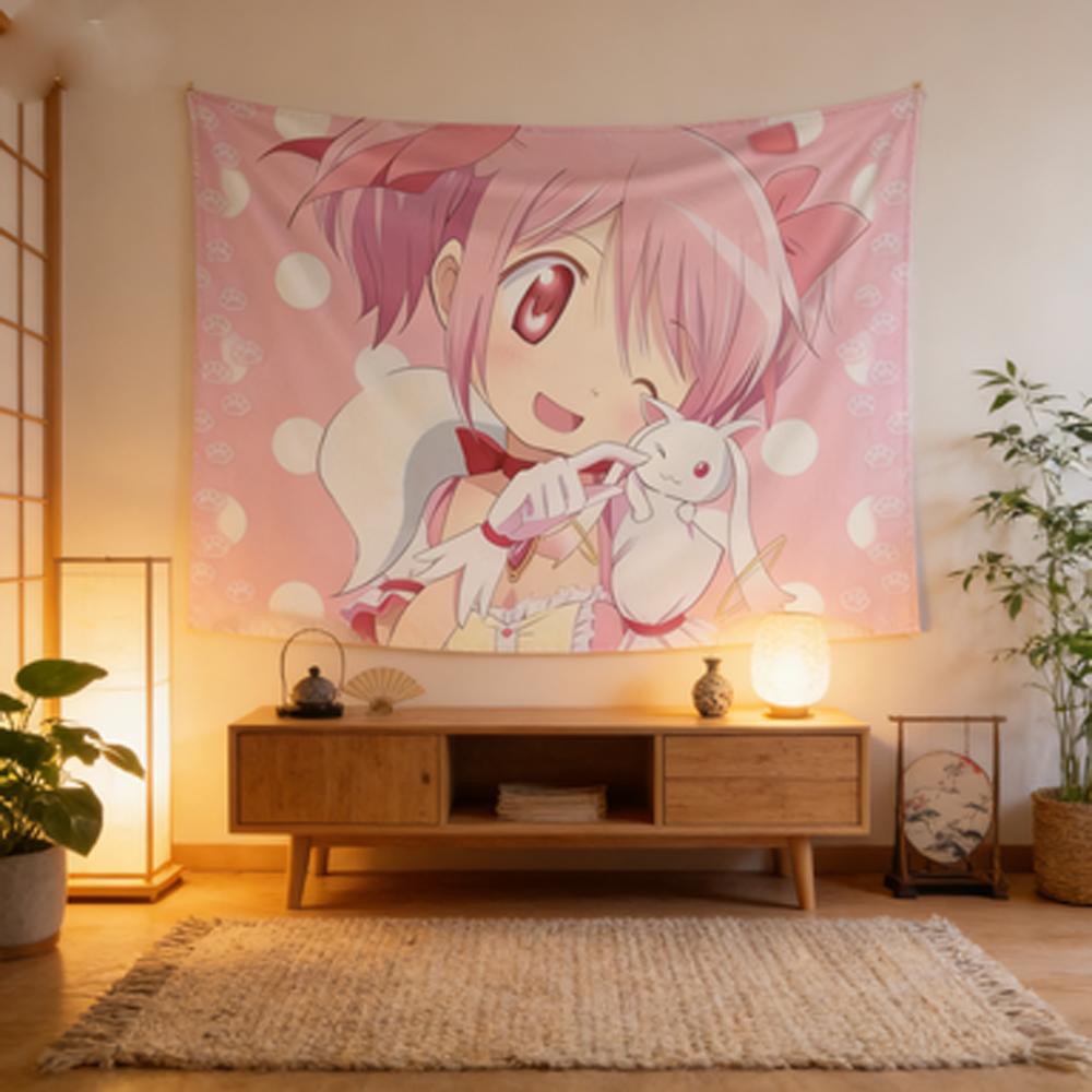 Anime Wall Tapestry Madoka Magica Madoka Kaname Kyubey Pink White Polka Dots Bedroom Living Room Decor