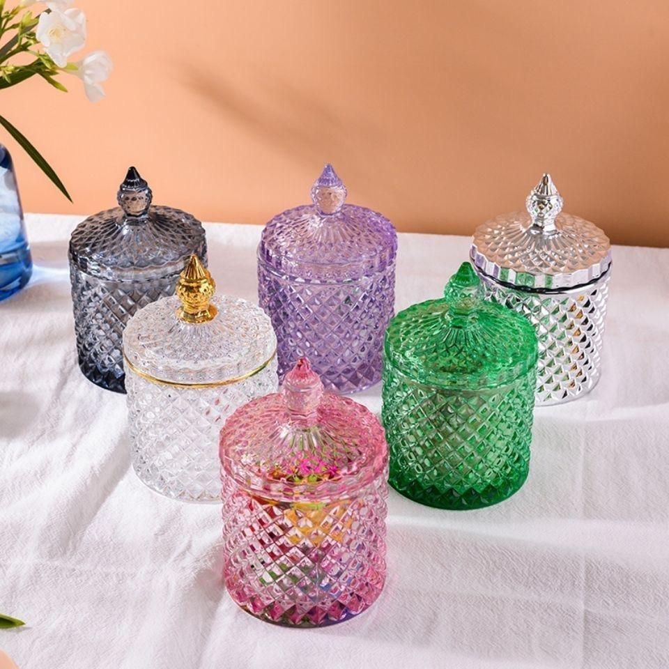 Europäisches Retro-Glas-Aufbewahrungsglas mit Deckel, Transparenter Goldener Schmuck- & Wattestäbchenhalter, Süßigkeiten- & Make-up-Pinsel-Organizer
