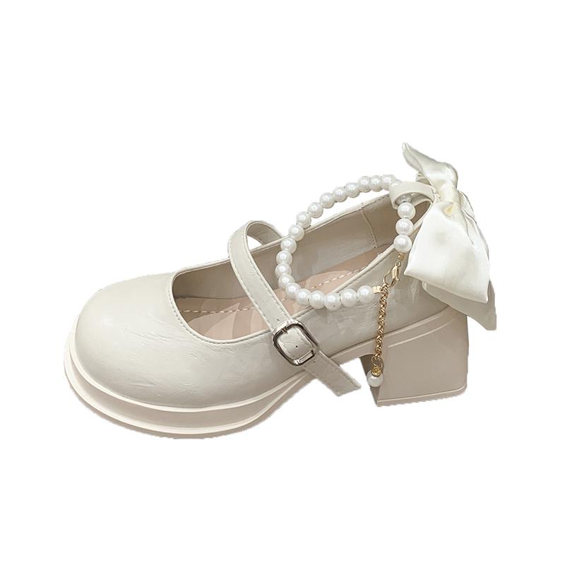 Fashion Butterfly-knot Thick Heel Women Mary Jane Shoes Fashion Shallow Pearl Ankle Buckle Shoes Ladies Outdoor Dress Pumps
