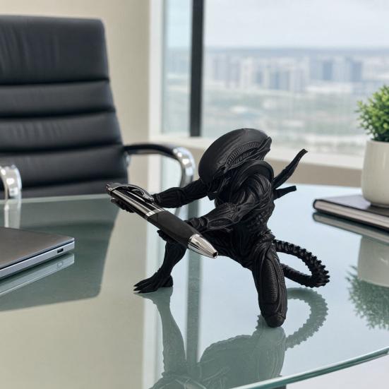 Alien Pen Holder for Desk, 3D Printed Pencil Display Stand, Kneeing Alien Desktop Organizer for Home Office Accessories
