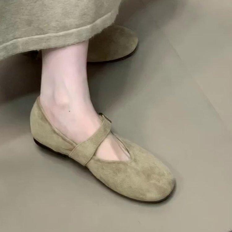 

Soft leather version~ French retro suede Mary Jane shoes women s new one-word buckle strap flat bottom round head ballet shoes 35