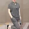 Women's Plaid 2 Piece Outfits Button Short Sleeve Top And Cropped Skinny Pants Matching Set Summer Casual Loungewear