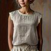 Womens Retro Loose Round Neck Solid Color Lace Splicing Sleeveless Linen Shirt