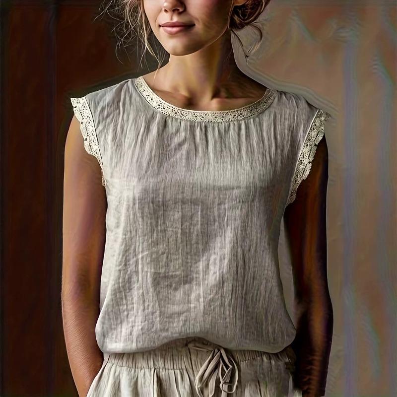 Womens Retro Loose Round Neck Solid Color Lace Splicing Sleeveless Linen Shirt