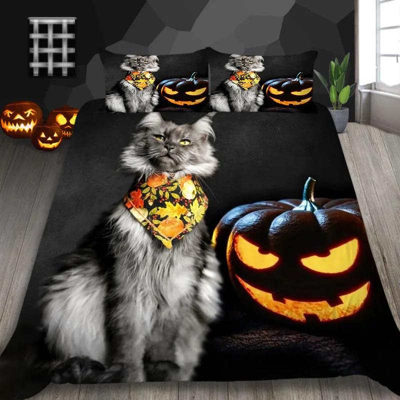 Halloween Pumpkin King Queen Duvet Cover Cartoon Black Cat Bedding Set Kids Girls Orange Pumpkin Lantern Polyester Quilt Cover