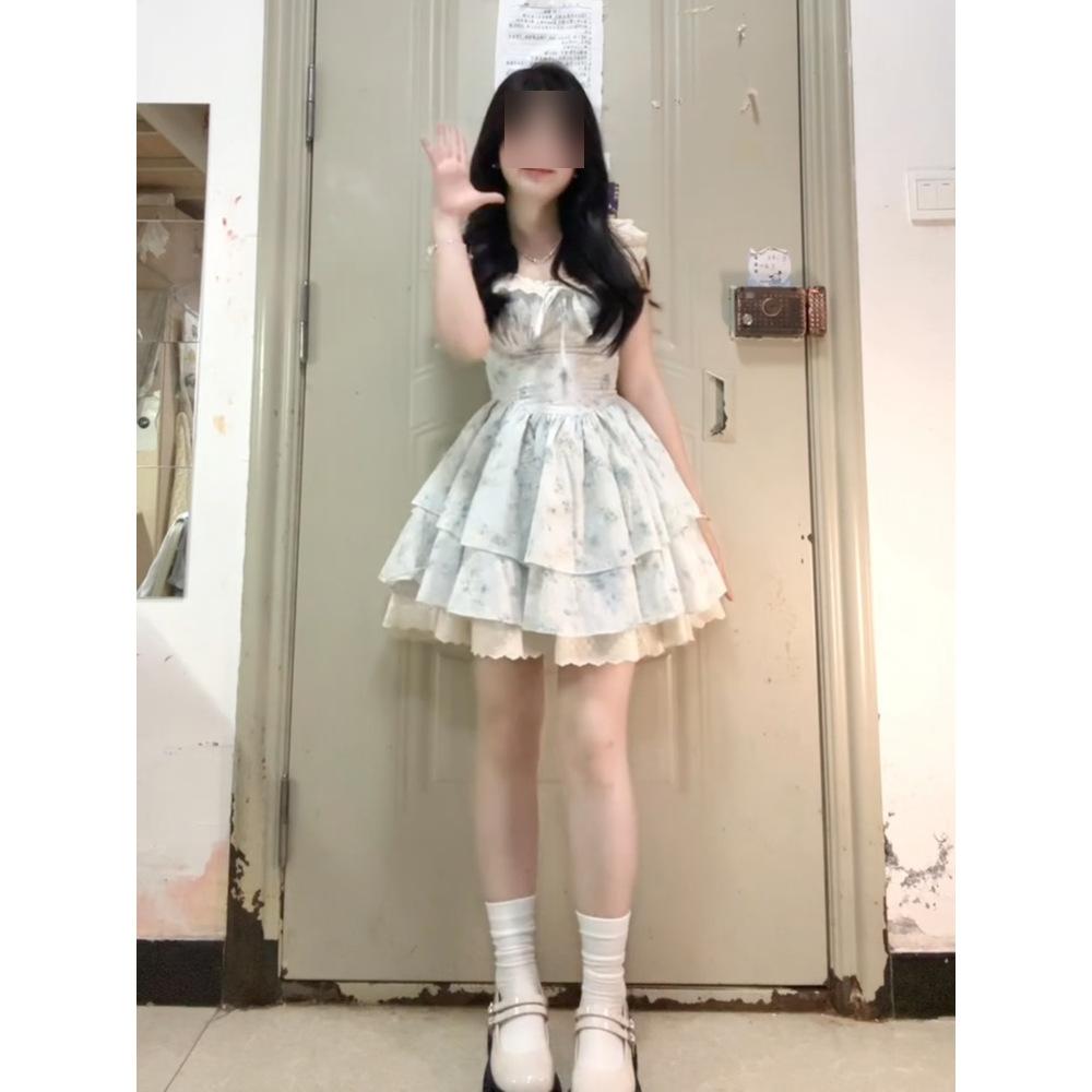 French sweet small flying sleeve floral dress women's summer high sense small lace princess tutu