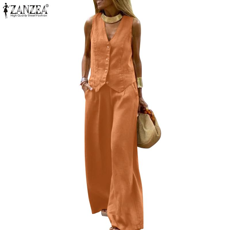 ZANZEA Daily Casual Outfits Womens Sleeveless Waistcoat and Pants Two Piece Suit Set