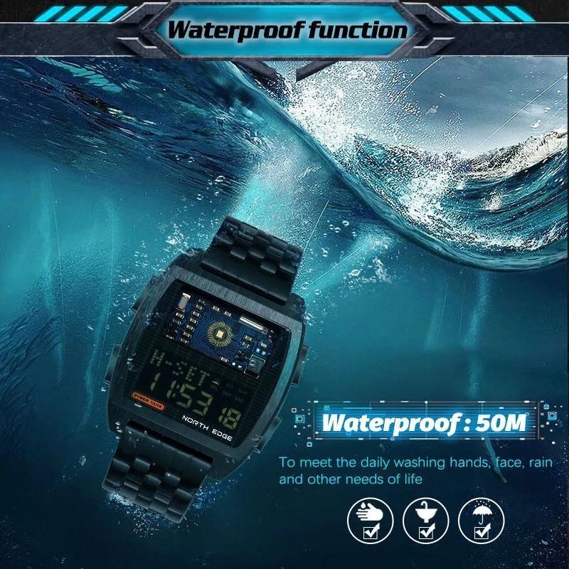 NORTH EDGE Herren Digitaluhr Retro Industrie Metall Stil Wasserdicht 50M Sport Uhren Für Männer Welt Zeit reloj de hombre