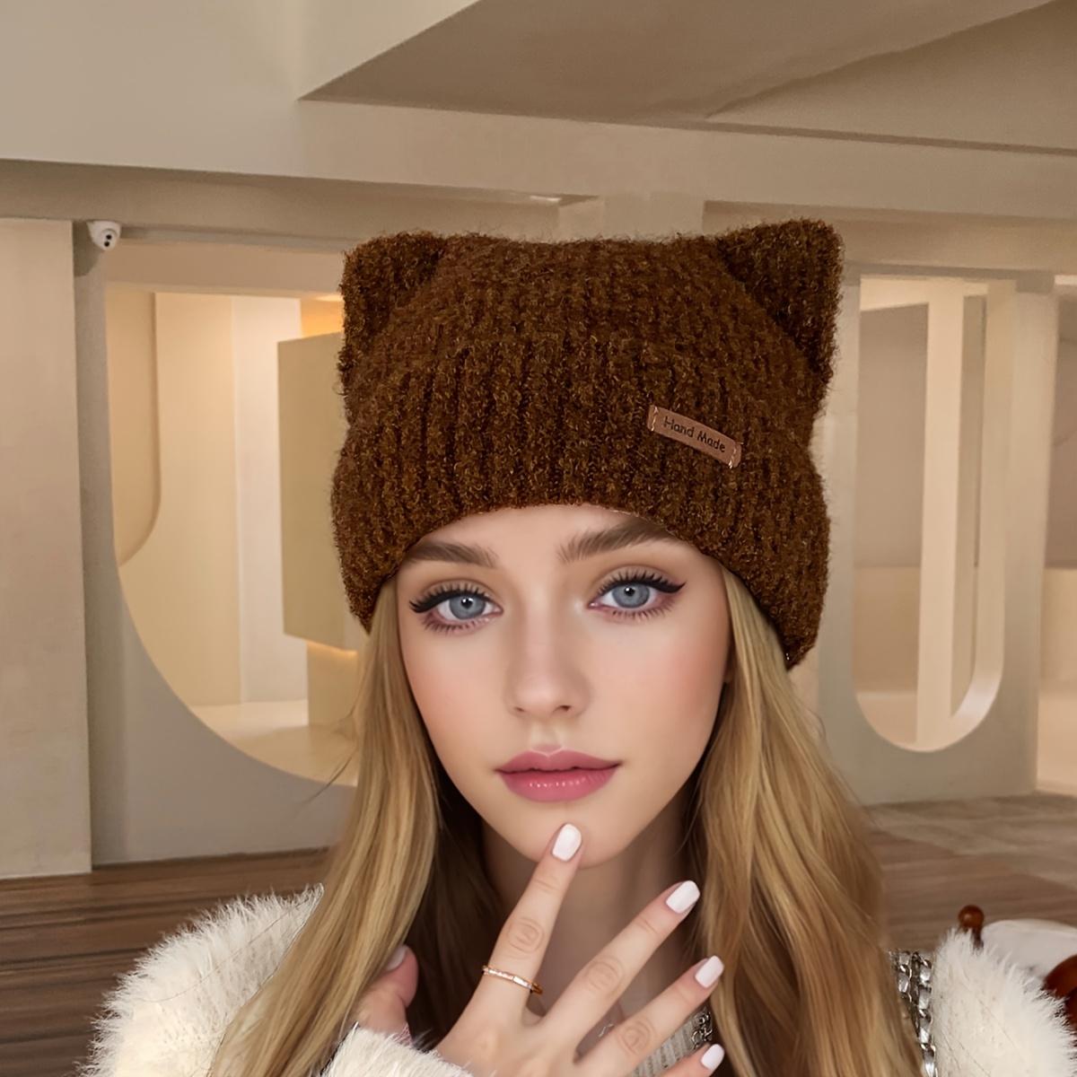 

1 шт. шикарная кожаная шапка-бини с ушками - женские вязаные аксессуары для путешествий на свежем воздухе - утолщенная теплая однотонная повседневная шапка для зимы коричневый