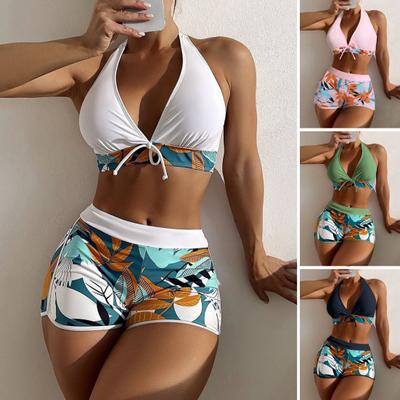 2Pcs/Set Bowknot Decor Floral Print Backless Women Halter Bikini Set Bra High Waist Shorts