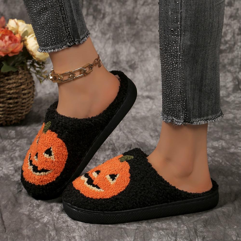 Pumpkin Slippers Soft Plush Cozy Non-slip Rubber Sole Halloween Slippers for Women Indoor Winter Shoes Halloween Gifts