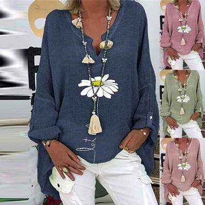 Plus Size Dames Casual Lange Mouw Bloemenprint Los V-hals Shirt Blouse Top