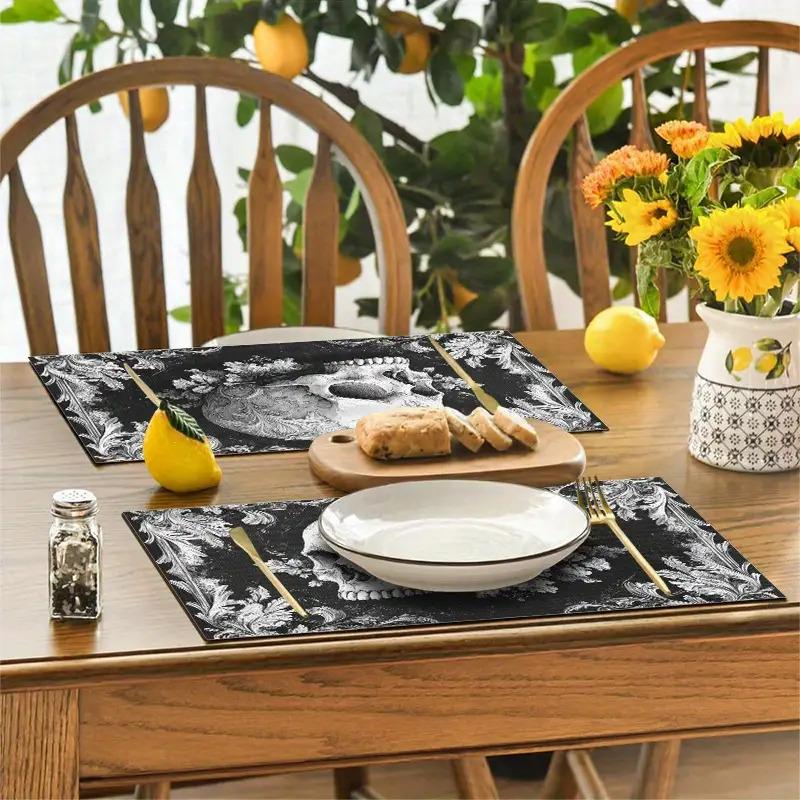 Four Elegant Gothic Skull Placemats Featuring Floral Designs - 12.0X18.0 Inch, Washable Polyester, Perfect for Table Decoration, Festive Parties, And