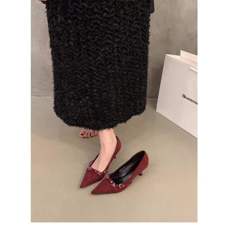 Pointed single shoes, light mouth and thin splicing, leopard print splicing, one pedal metal buckle, sexy temperament, high heels, women's thin heels