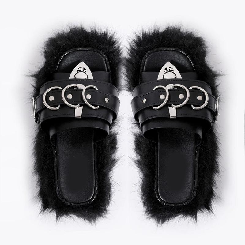 Cool Slippers Outer Wear Women's Summer Metal Punk Style Subculture Mao Mao Drag Retro Thick Bottom One-word Drag
