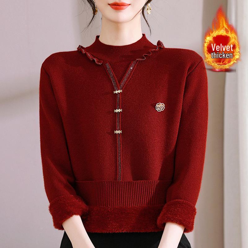 Mom's Velvet-Lined Faux Two-Piece Winter Sweater for Chinese New Year - Warm Base Layer for Middle-Aged & Elderly Women