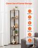 Scaffale Angolare a 5 Piani, Supporto Angolare Alto con Luce LED, Organizzatore Torre Scaffali a Muro con Telaio in Metallo e Ripiani in Legno, Stretto Espositore per Libri