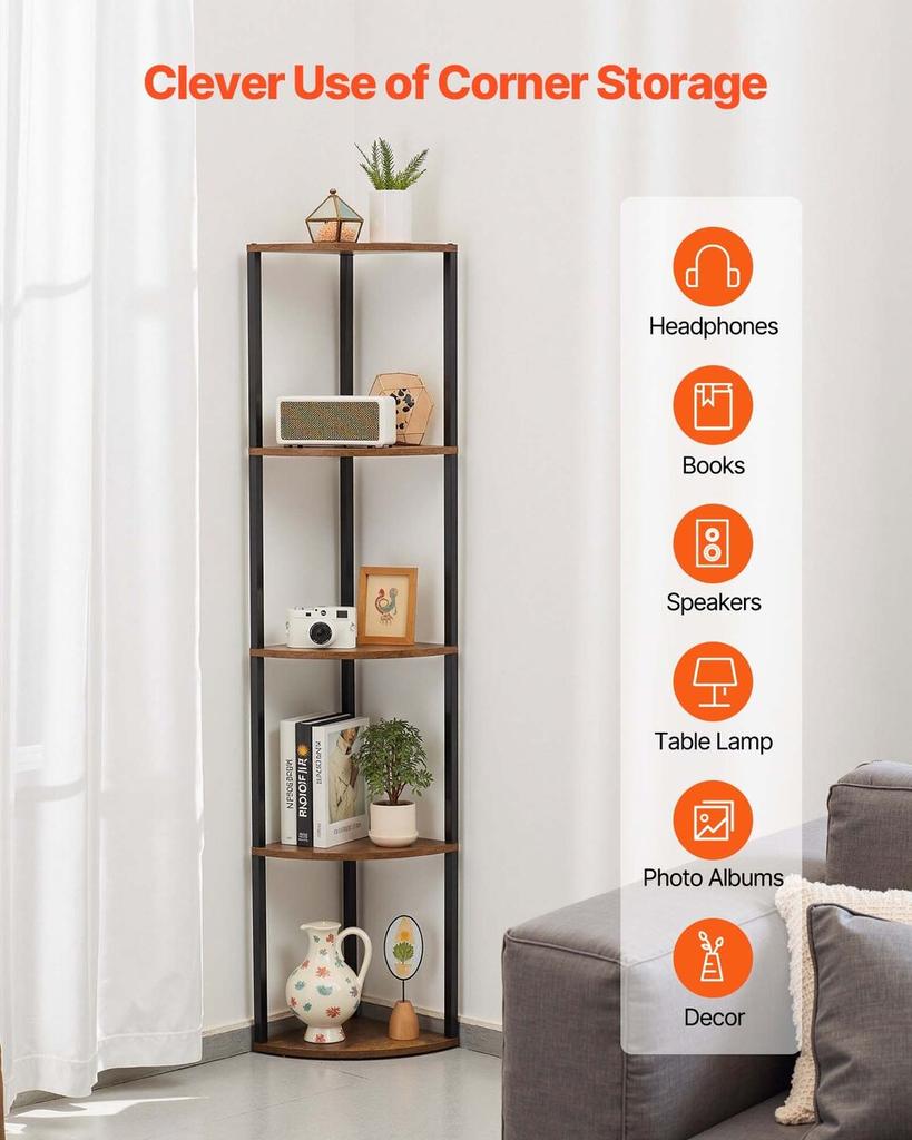 Scaffale Angolare a 5 Piani, Supporto Angolare Alto con Luce LED, Organizzatore Torre Scaffali a Muro con Telaio in Metallo e Ripiani in Legno, Stretto Espositore per Libri