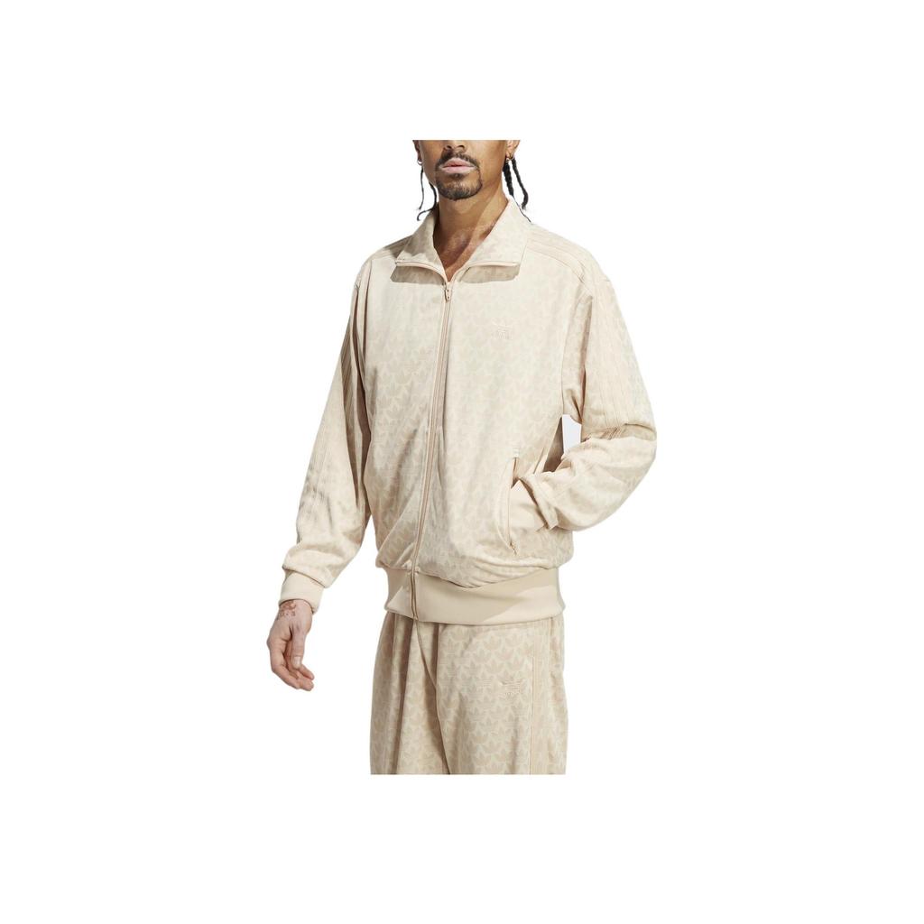 Adidas Originals Trefoil Full Print Logo Embroidered Zip-Up Stand Collar Jacket Men Jacket Beige HZ4154