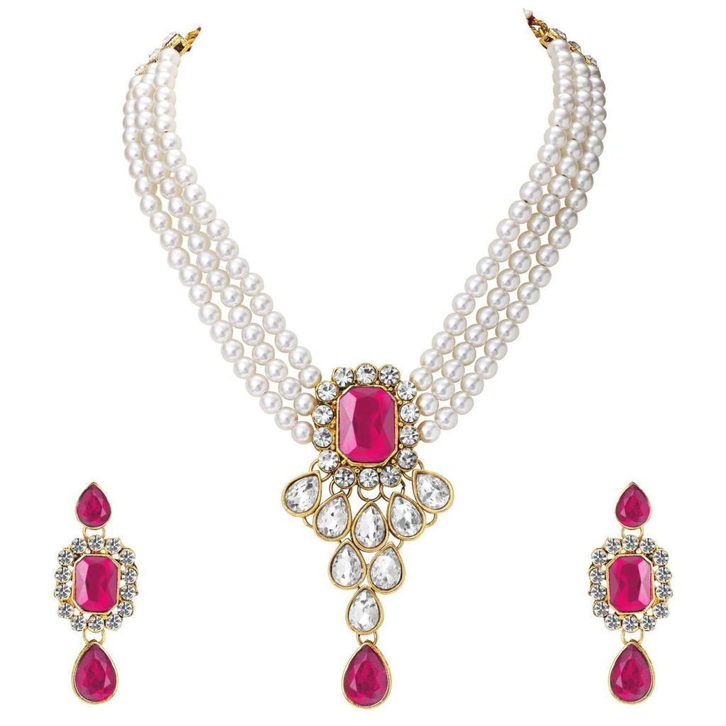 Gold Plated Crystal Kundan Necklace with Drop Earrings Jewellery Set for Girls & Women