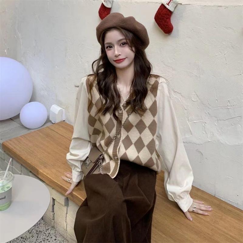 Fake Two Piece Diamond Plaid Splice Knitted Sweater Women Autumn Design Sensible Small Number Sweaters Layered with Cardigan Top