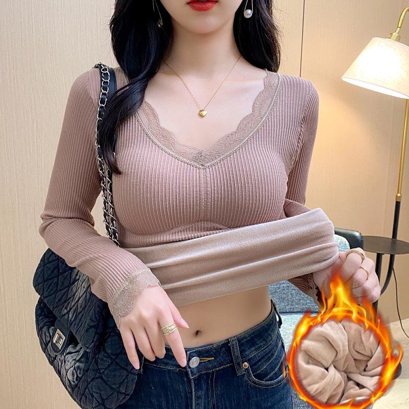 "Top de iarnă călduros pentru femei cu gât în V din fleece cu cupe pentru bust, mânecă lungă, cămașă strâmtă de bază"