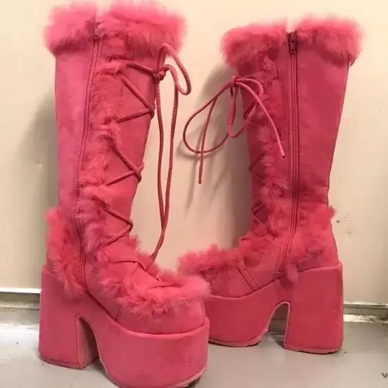 Winter Women Snow Boots Platform Wedge High Heel Faux Fur Lady Shoes Female Plush Warm Non-slip Mid Calf Boots Goth Shoes